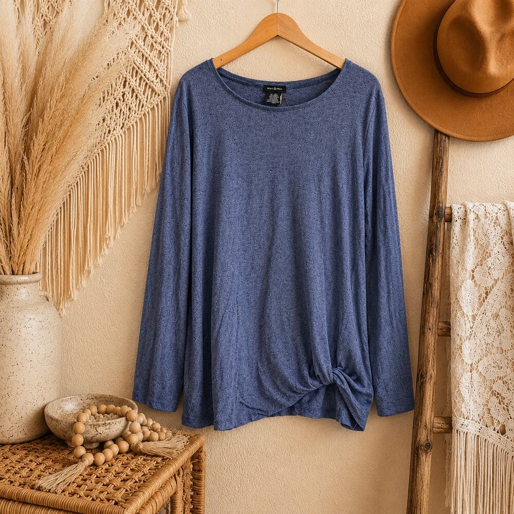 Max & Mia Cozy Twist Front Tunic Top Denim Blue Women's XXL Long Sleeve